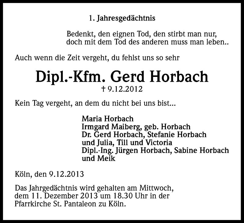  Traueranzeige für Gerd Horbach vom 09.12.2013 aus Kölner Stadt-Anzeiger / Kölnische Rundschau / Express