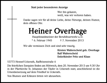 Anzeige von Heiner Overhage von Kölner Stadt-Anzeiger / Kölnische Rundschau / Express