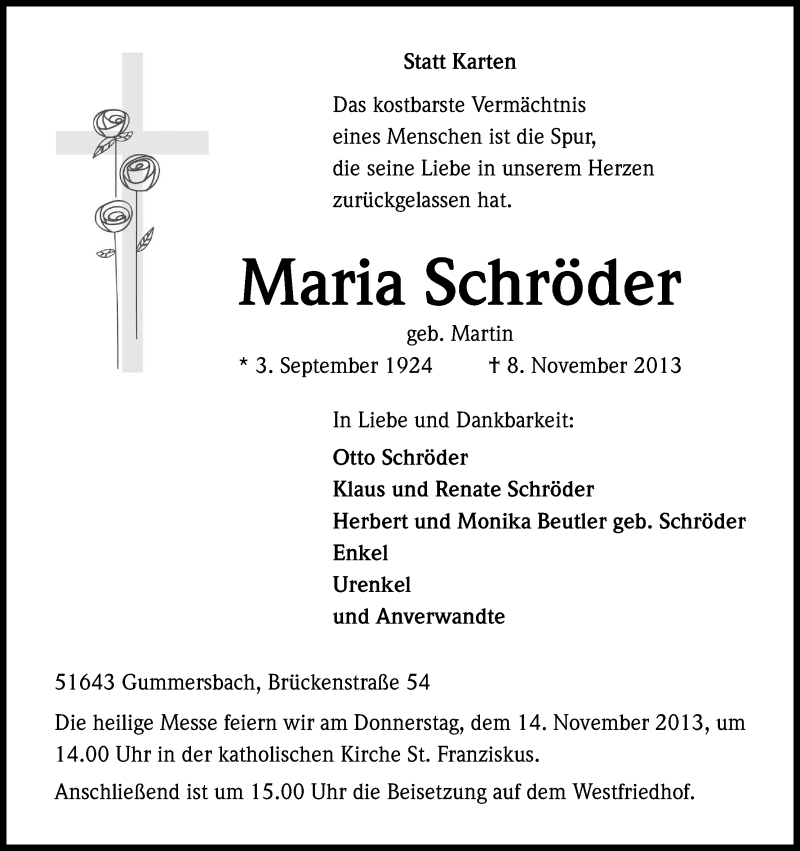  Traueranzeige für Maria Schröder vom 11.11.2013 aus Kölner Stadt-Anzeiger / Kölnische Rundschau / Express