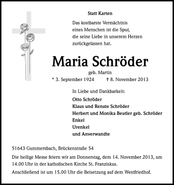 Anzeige von Maria Schröder von Kölner Stadt-Anzeiger / Kölnische Rundschau / Express