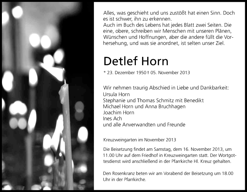  Traueranzeige für Detlef Horn vom 12.11.2013 aus Kölner Stadt-Anzeiger / Kölnische Rundschau / Express