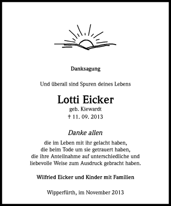 Anzeige von Lotti Eicker von Kölner Stadt-Anzeiger / Kölnische Rundschau / Express
