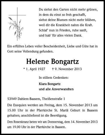 Anzeige von Helene Bongartz von Kölner Stadt-Anzeiger / Kölnische Rundschau / Express