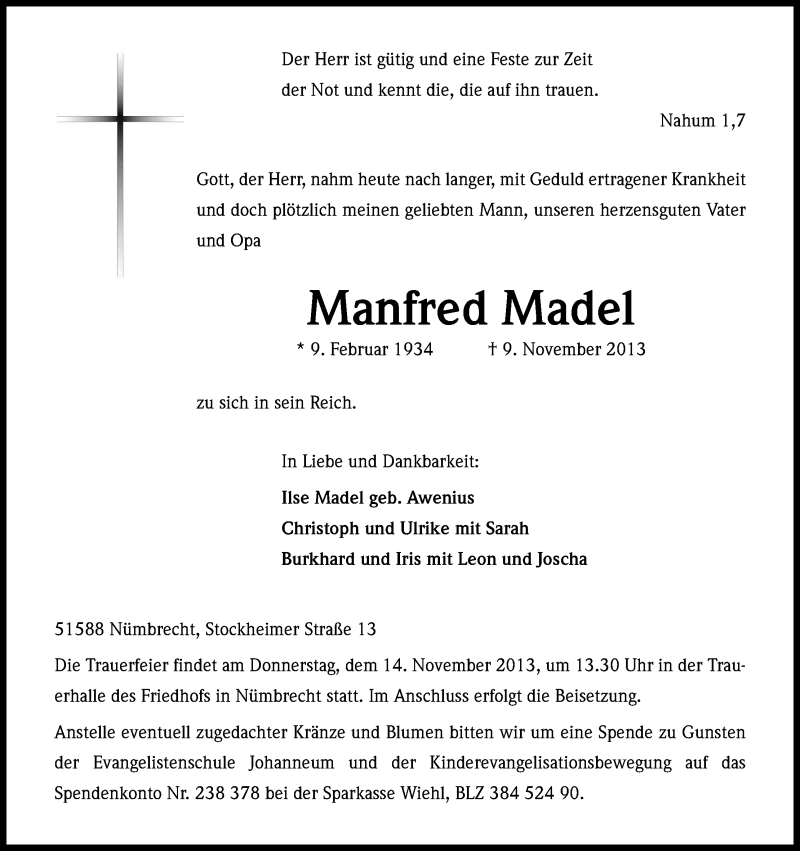  Traueranzeige für Manfred Madel vom 12.11.2013 aus Kölner Stadt-Anzeiger / Kölnische Rundschau / Express