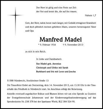 Anzeige von Manfred Madel von Kölner Stadt-Anzeiger / Kölnische Rundschau / Express