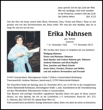 Anzeige von Erika Nahnsen von Kölner Stadt-Anzeiger / Kölnische Rundschau / Express