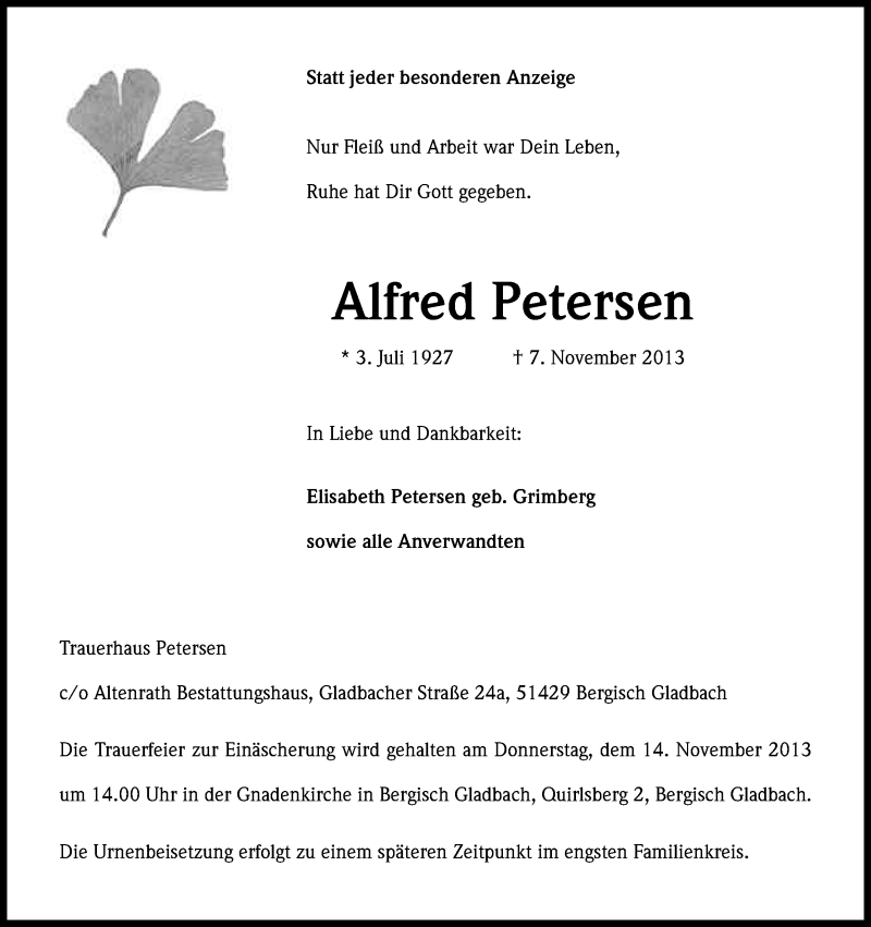  Traueranzeige für Alfred Petersen vom 12.11.2013 aus Kölner Stadt-Anzeiger / Kölnische Rundschau / Express