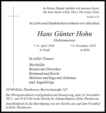 Anzeige von Hans Günter Hohn von Kölner Stadt-Anzeiger / Kölnische Rundschau / Express
