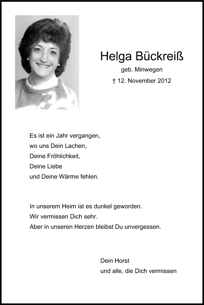  Traueranzeige für Helga Bückreiß vom 12.11.2013 aus Kölner Stadt-Anzeiger / Kölnische Rundschau / Express
