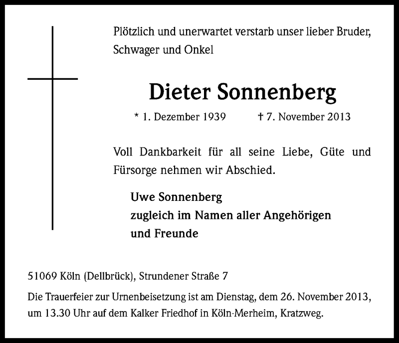  Traueranzeige für Dieter Sonnenberg vom 20.11.2013 aus Kölner Stadt-Anzeiger / Kölnische Rundschau / Express