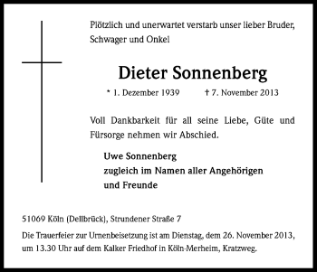 Anzeige von Dieter Sonnenberg von Kölner Stadt-Anzeiger / Kölnische Rundschau / Express