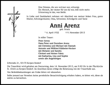 Anzeige von Anni Arenz von Kölner Stadt-Anzeiger / Kölnische Rundschau / Express