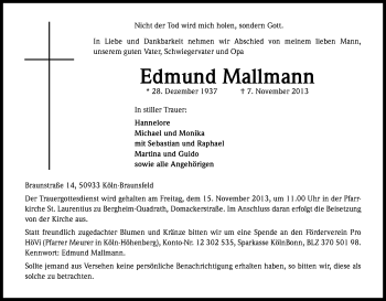 Anzeige von Edmund Mallmann von Kölner Stadt-Anzeiger / Kölnische Rundschau / Express