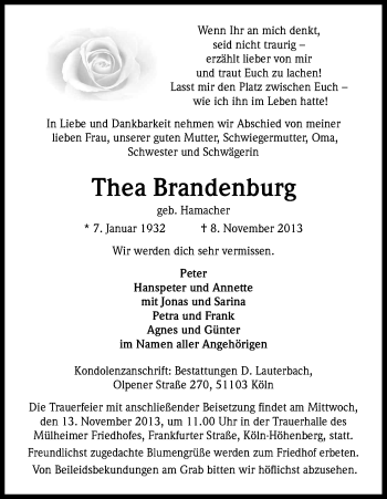 Anzeige von Theresa Brandenburg von Kölner Stadt-Anzeiger / Kölnische Rundschau / Express
