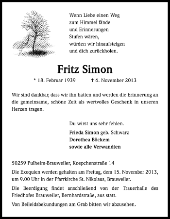Anzeige von Fritz Simon von Kölner Stadt-Anzeiger / Kölnische Rundschau / Express