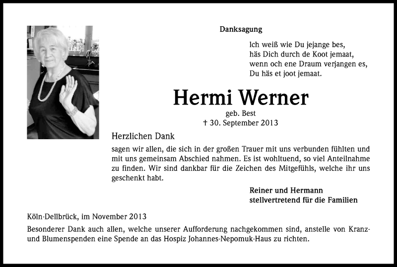  Traueranzeige für Hermi Werner vom 16.11.2013 aus Kölner Stadt-Anzeiger / Kölnische Rundschau / Express
