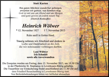 Anzeige von Heinrich Wölwer von Kölner Stadt-Anzeiger / Kölnische Rundschau / Express