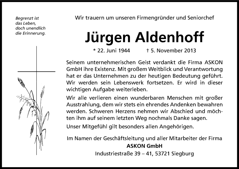  Traueranzeige für Jürgen Aldenhoff vom 12.11.2013 aus Kölner Stadt-Anzeiger / Kölnische Rundschau / Express