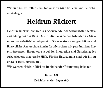 Anzeige von Heidrun Rückert von Kölner Stadt-Anzeiger / Kölnische Rundschau / Express