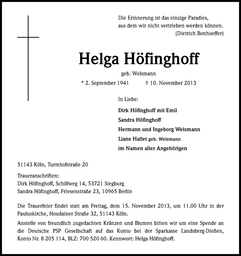  Traueranzeige für Helga Höfinghoff vom 12.11.2013 aus Kölner Stadt-Anzeiger / Kölnische Rundschau / Express