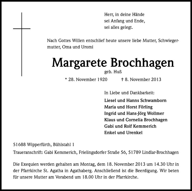  Traueranzeige für Margarete Brochhagen vom 13.11.2013 aus Kölner Stadt-Anzeiger / Kölnische Rundschau / Express