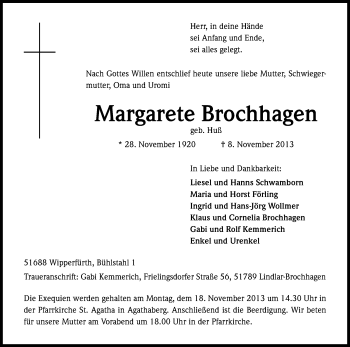 Anzeige von Margarete Brochhagen von Kölner Stadt-Anzeiger / Kölnische Rundschau / Express