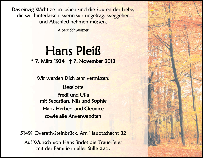  Traueranzeige für Hans Pleiß vom 13.11.2013 aus Kölner Stadt-Anzeiger / Kölnische Rundschau / Express