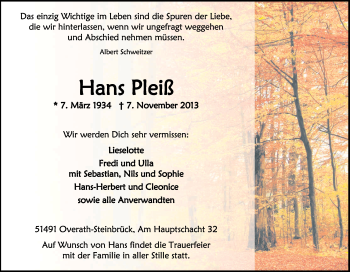 Anzeige von Hans Pleiß von Kölner Stadt-Anzeiger / Kölnische Rundschau / Express