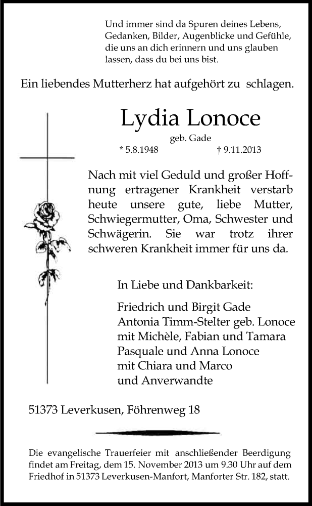  Traueranzeige für Lydia Lonoce vom 12.11.2013 aus Kölner Stadt-Anzeiger / Kölnische Rundschau / Express