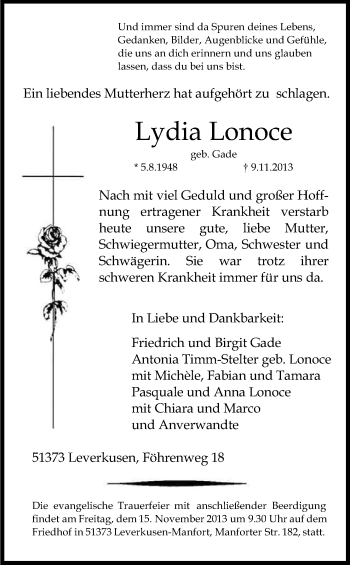Anzeige von Lydia Lonoce von Kölner Stadt-Anzeiger / Kölnische Rundschau / Express