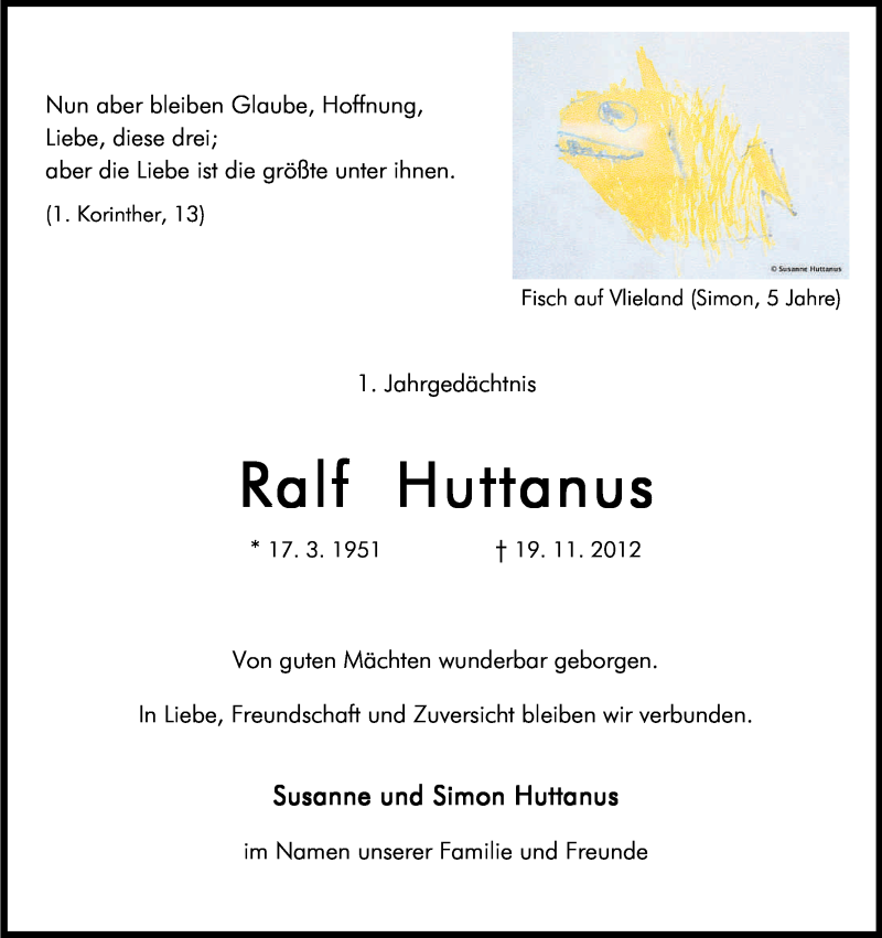  Traueranzeige für Ralf Huttanus vom 19.11.2013 aus Kölner Stadt-Anzeiger / Kölnische Rundschau / Express