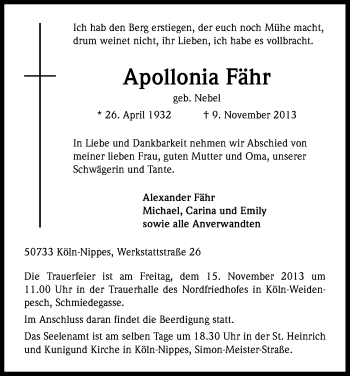 Anzeige von Apollonia Fähr von Kölner Stadt-Anzeiger / Kölnische Rundschau / Express