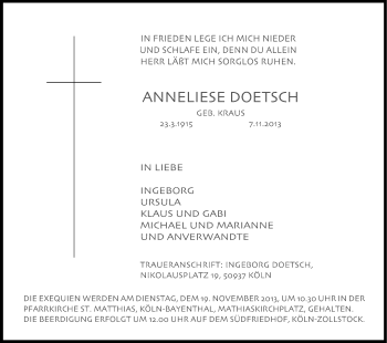 Anzeige von Anneliese Doetsch von Kölner Stadt-Anzeiger / Kölnische Rundschau / Express