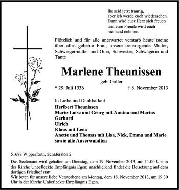 Anzeige von Marlene Theunissen von Kölner Stadt-Anzeiger / Kölnische Rundschau / Express