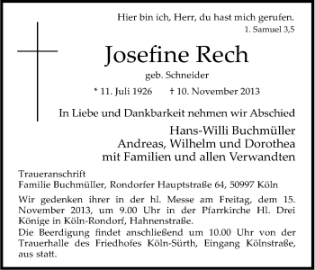Anzeige von Josefine Rech von Kölner Stadt-Anzeiger / Kölnische Rundschau / Express