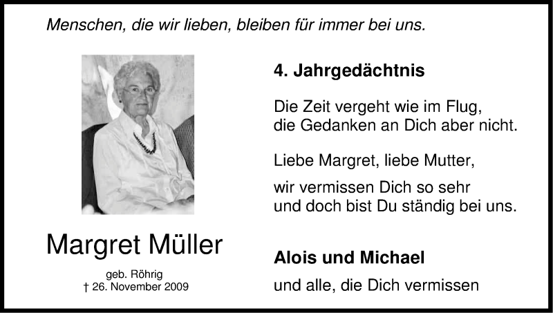 Traueranzeige für Margret Müller vom 26.11.2013 aus Kölner Stadt-Anzeiger / Kölnische Rundschau / Express