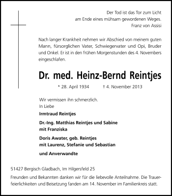 Anzeige von Heinz-Bernd Reintjes von Kölner Stadt-Anzeiger / Kölnische Rundschau / Express