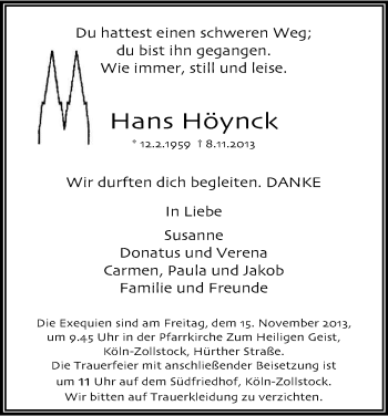 Anzeige von Hans Höynck von Kölner Stadt-Anzeiger / Kölnische Rundschau / Express