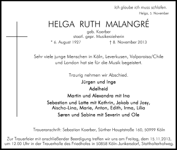 Anzeige von Helga Ruth Malangre von Kölner Stadt-Anzeiger / Kölnische Rundschau / Express