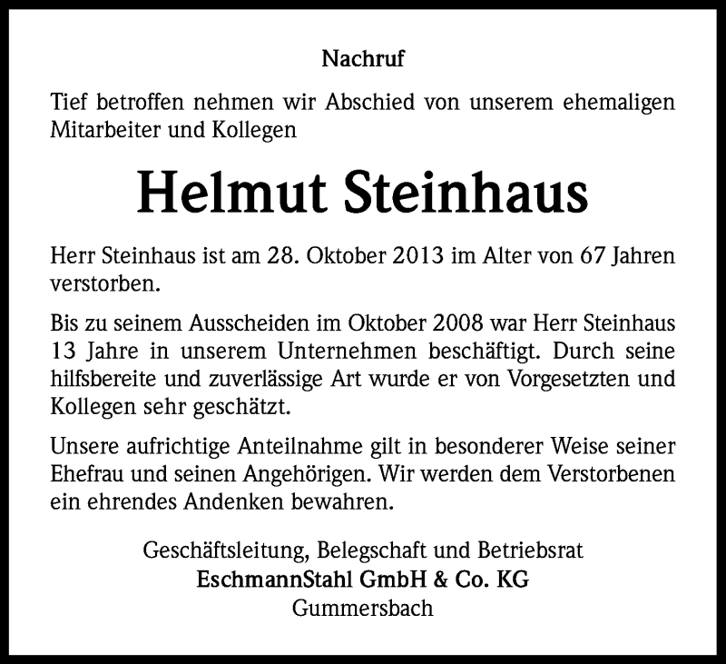  Traueranzeige für Helmut Steinhaus vom 13.11.2013 aus Kölner Stadt-Anzeiger / Kölnische Rundschau / Express
