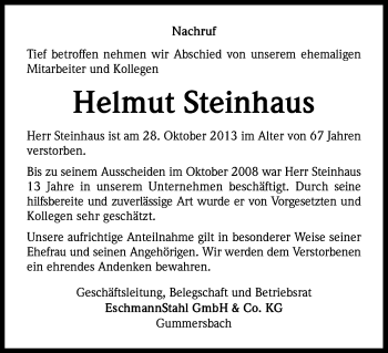 Anzeige von Helmut Steinhaus von Kölner Stadt-Anzeiger / Kölnische Rundschau / Express