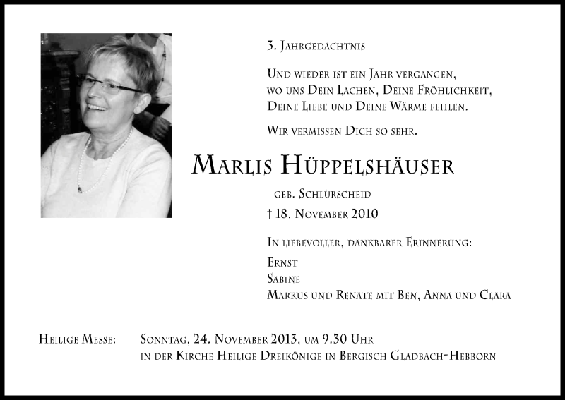  Traueranzeige für Marlis Hüppelshäuser vom 18.11.2013 aus Kölner Stadt-Anzeiger / Kölnische Rundschau / Express