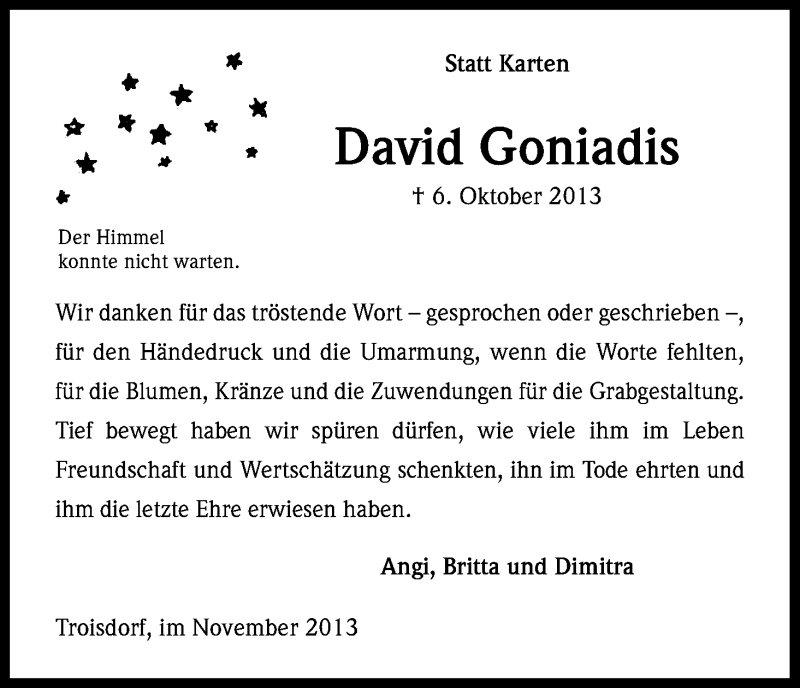  Traueranzeige für David Goniadis vom 16.11.2013 aus Kölner Stadt-Anzeiger / Kölnische Rundschau / Express
