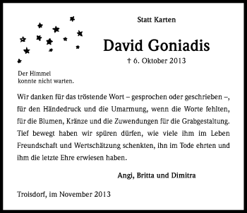 Anzeige von David Goniadis von Kölner Stadt-Anzeiger / Kölnische Rundschau / Express