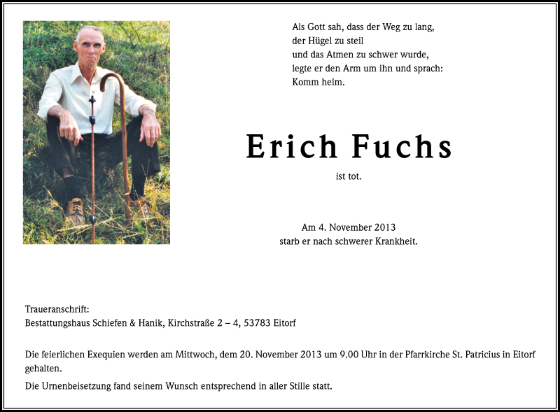  Traueranzeige für Erich Fuchs vom 16.11.2013 aus Kölner Stadt-Anzeiger / Kölnische Rundschau / Express