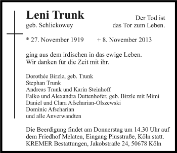 Anzeige von Leni Trunk von Kölner Stadt-Anzeiger / Kölnische Rundschau / Express