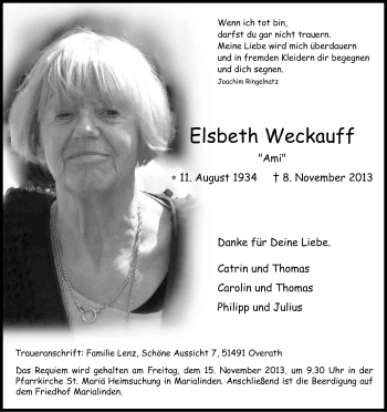 Anzeige von Elsbeth Weckauff von Kölner Stadt-Anzeiger / Kölnische Rundschau / Express