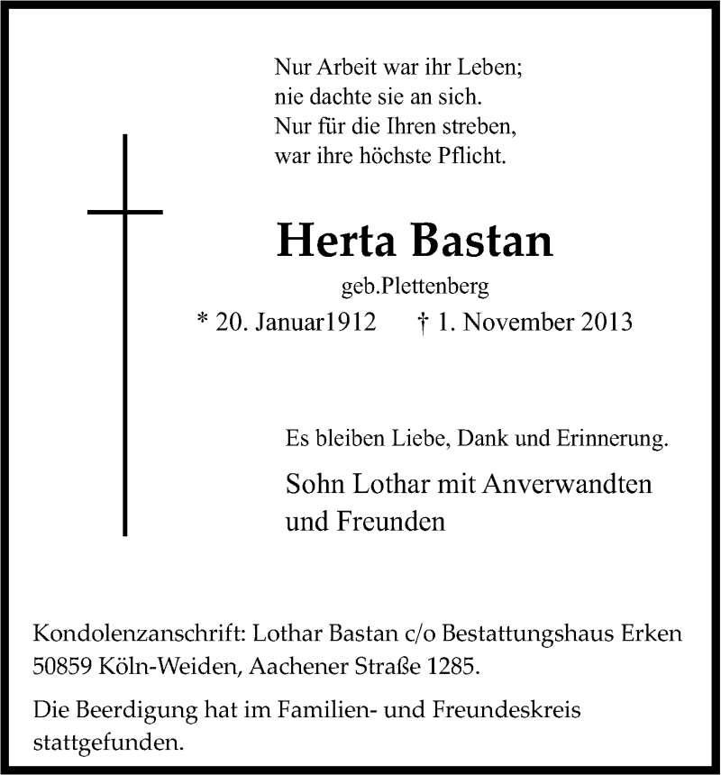  Traueranzeige für Herta Bastan vom 13.11.2013 aus Kölner Stadt-Anzeiger / Kölnische Rundschau / Express