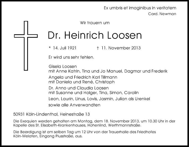  Traueranzeige für Heinrich Loosen vom 13.11.2013 aus Kölner Stadt-Anzeiger / Kölnische Rundschau / Express