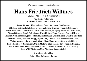 Anzeige von Hans Friedrich Willmes von Kölner Stadt-Anzeiger / Kölnische Rundschau / Express